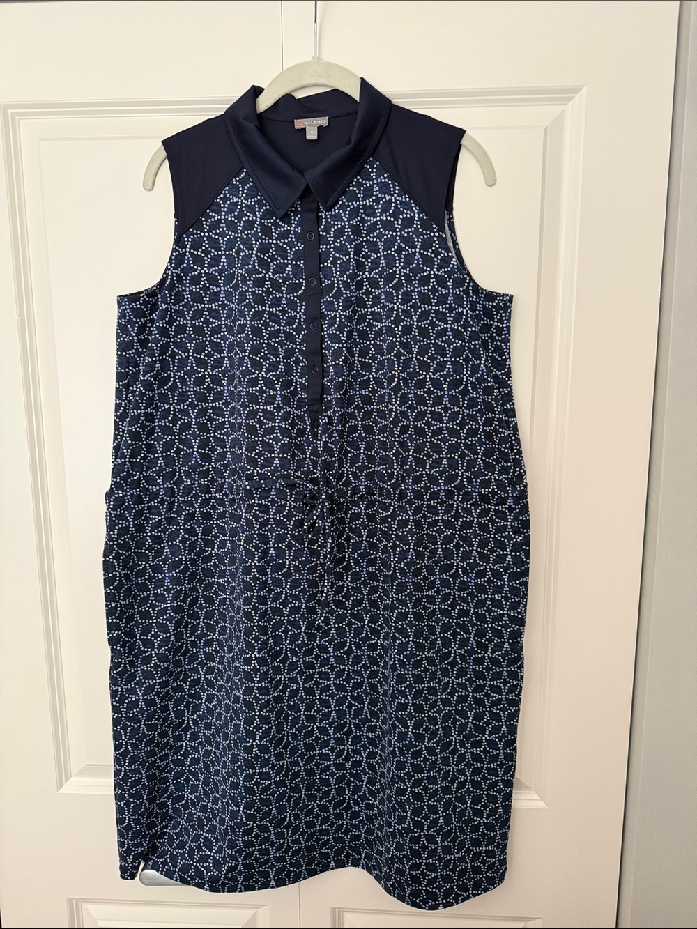 Talbots Navy and White Sleeveless Collared Drawstring Shift Dress